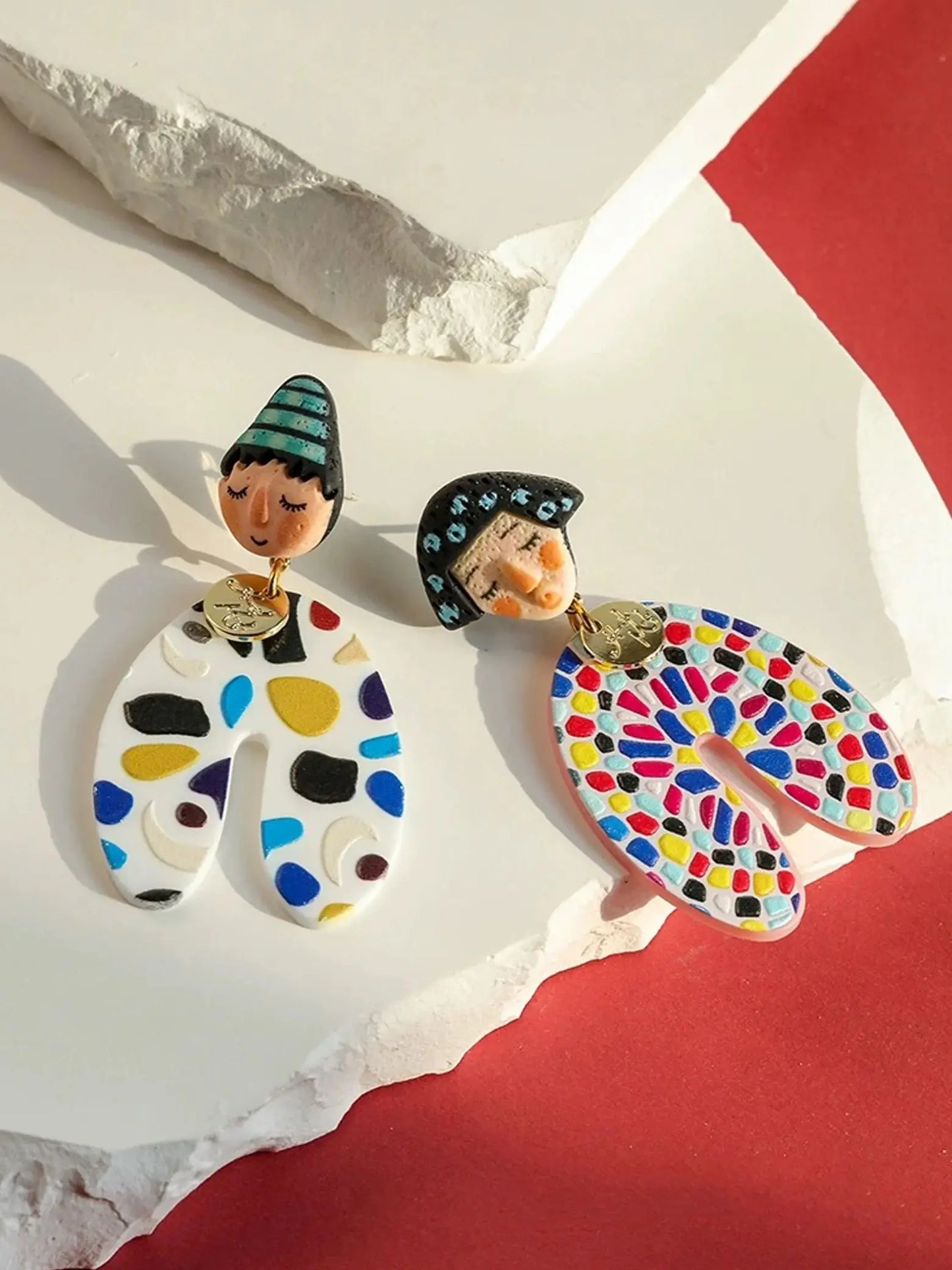 A Pair of Fashionable and Personalized Ethnic Style Indian Dolls With Colorful Polka Dot Cartoon Portraits Asymmetrical Earrings