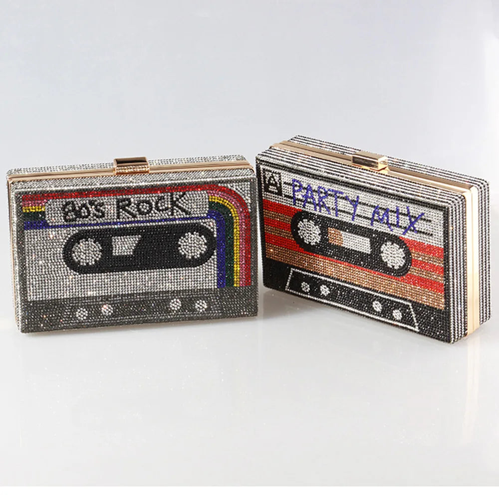 Fashion Crystal Women's Luxury Rhinestone Wedding Clutch Bag Cassette Tape Evening Bag Party Money Purses Handbags Shoulder Bag