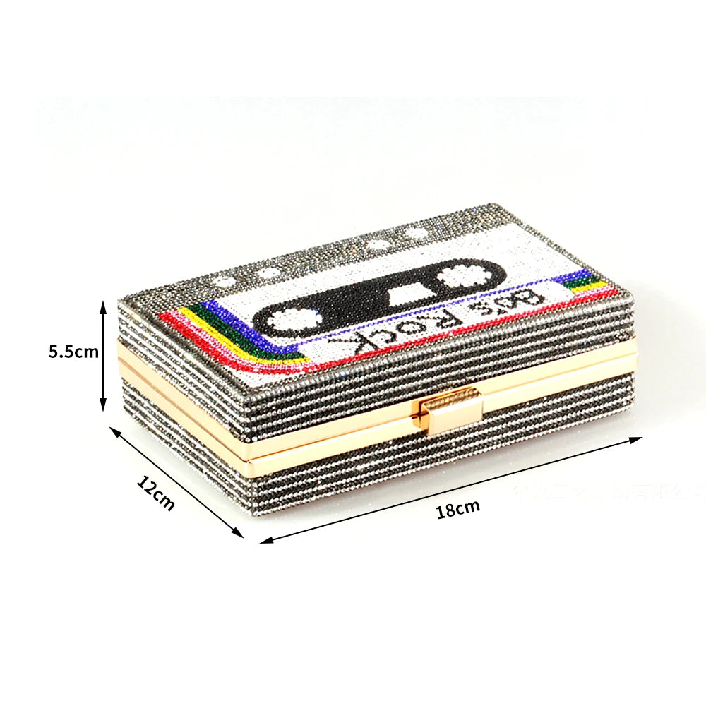 Fashion Crystal Women's Luxury Rhinestone Wedding Clutch Bag Cassette Tape Evening Bag Party Money Purses Handbags Shoulder Bag