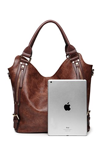 Women Tote Bag Handbags PU Leather Fashion Hobo Shoulder Bags with Adjustable Shoulder Strap, M, Brown - Vedazzling Accessories