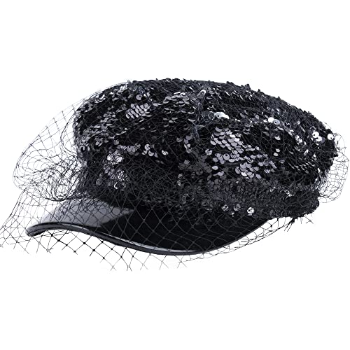 Beret Hats for Women PU Leather Newsboy Fiddler Cap with Veil