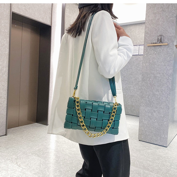 Weaved Vedazzling Chain Shoulder Bag