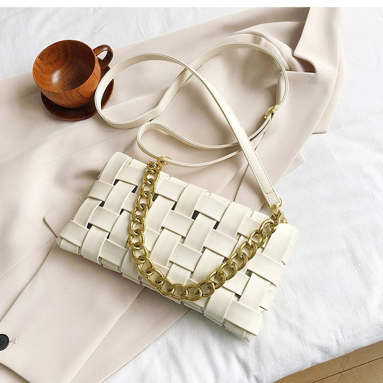 Weaved Vedazzling Chain Shoulder Bag