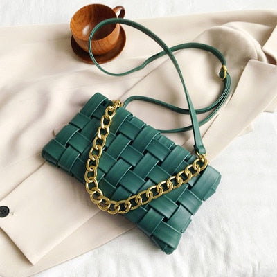 Weaved Vedazzling Chain Shoulder Bag