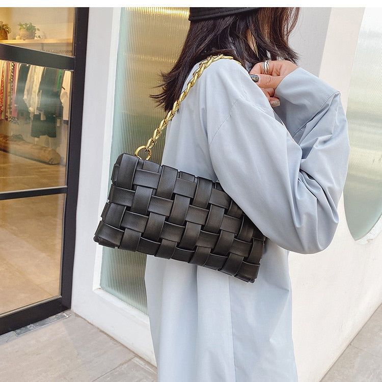 Weaved Vedazzling Chain Shoulder Bag