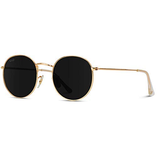 WearMe Pro - Reflective Lens Round Trendy Sunglasses (Gold Frame/Black Lens, 51)