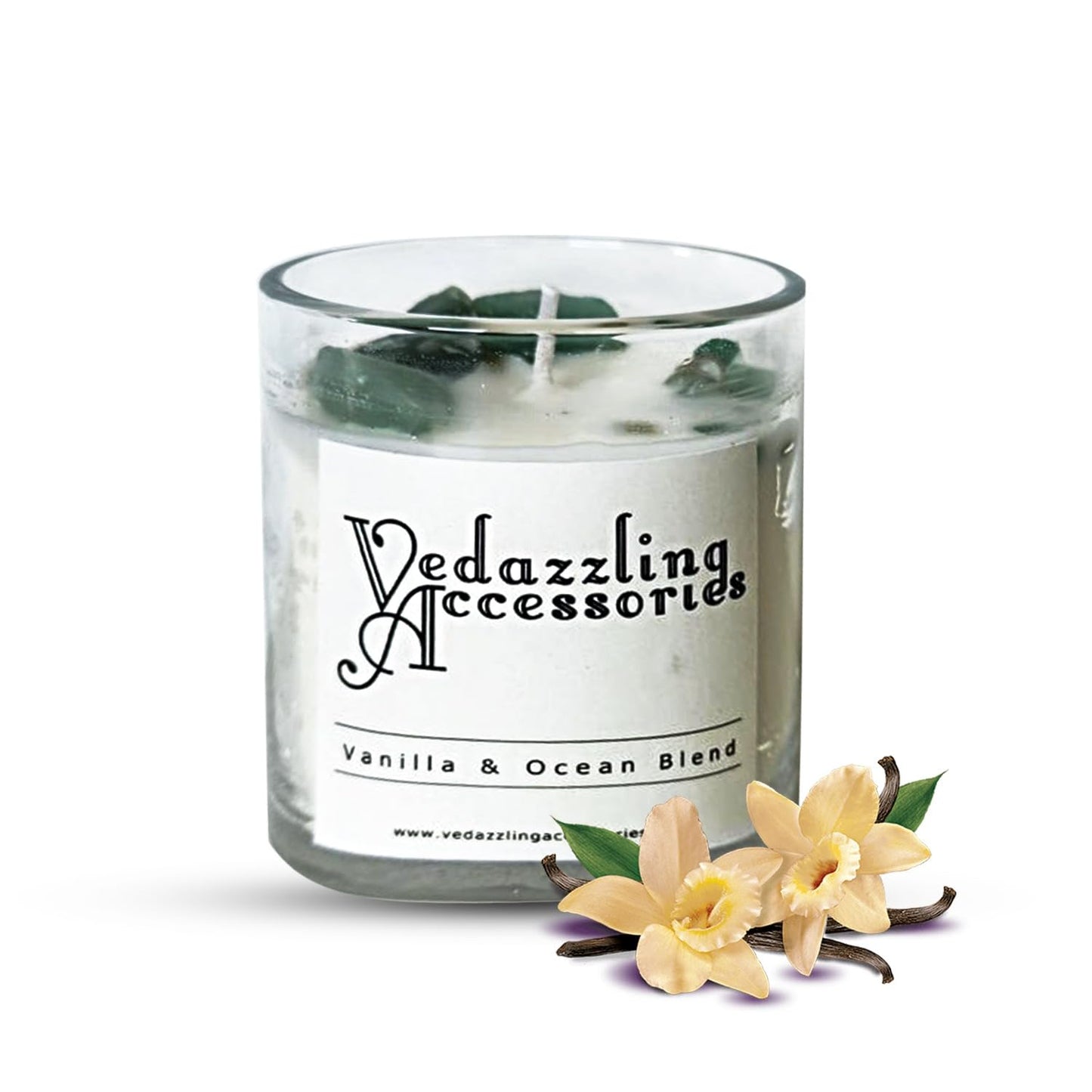 Vedazzling Vanilla Ocean Blend Candle with Gemstones, 8 oz, Dual Wick, 50 Hour Burn Time, Handpoured in NYC, Paraffin-Free, Eco-Friendly