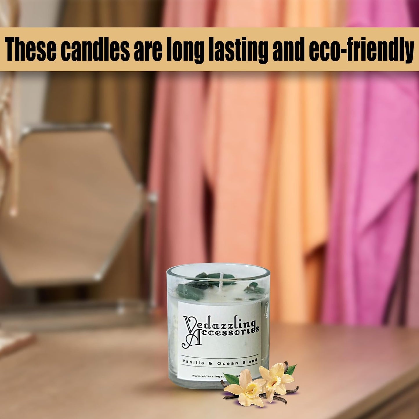 Vedazzling Vanilla Ocean Blend Candle with Gemstones, 8 oz, Dual Wick, 50 Hour Burn Time, Handpoured in NYC, Paraffin-Free, Eco-Friendly