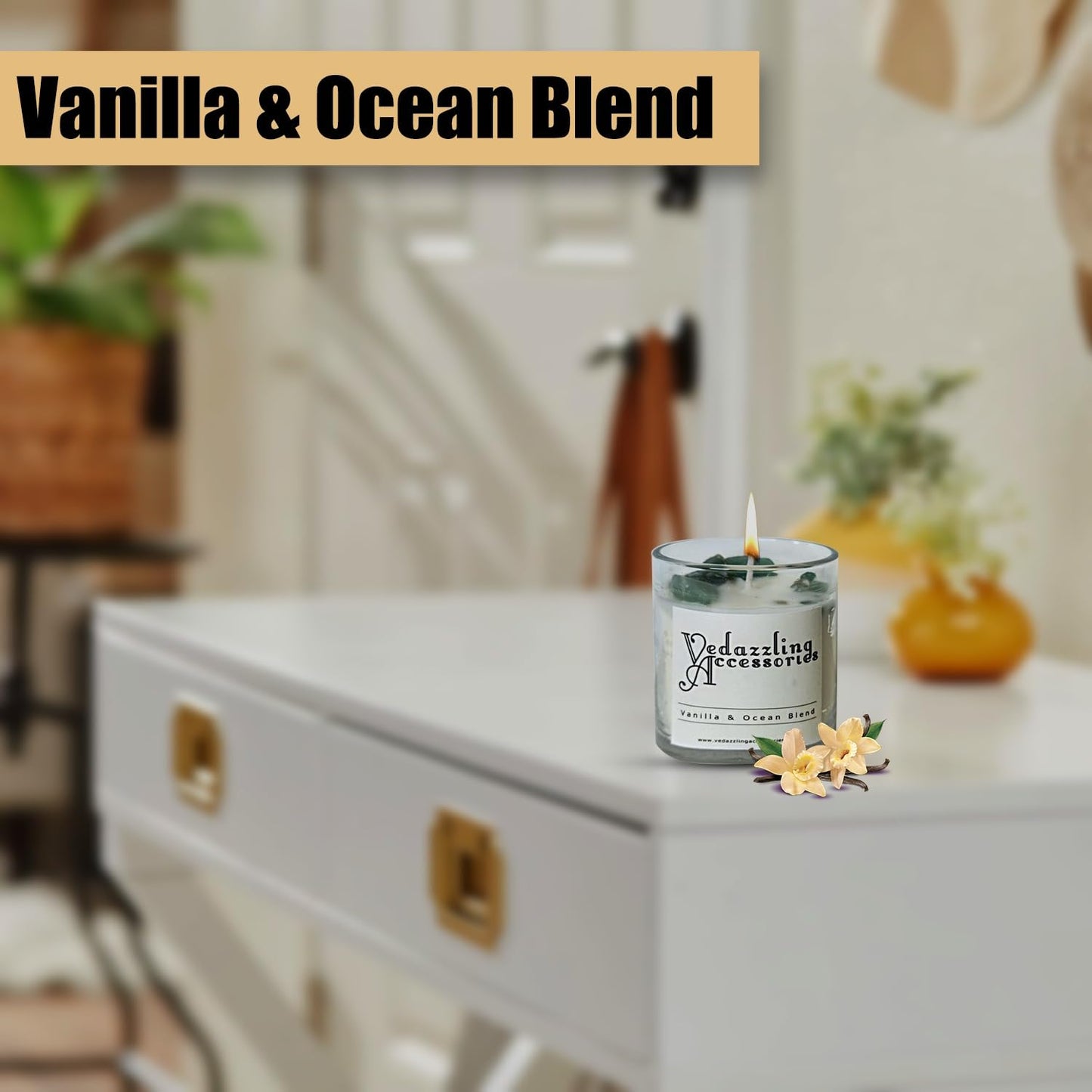 Vedazzling Vanilla Ocean Blend Candle with Gemstones, 8 oz, Dual Wick, 50 Hour Burn Time, Handpoured in NYC, Paraffin-Free, Eco-Friendly