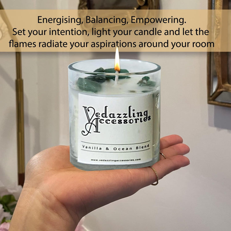 Vedazzling Vanilla Ocean Blend Candle with Gemstones, 8 oz, Dual Wick, 50 Hour Burn Time, Handpoured in NYC, Paraffin-Free, Eco-Friendly