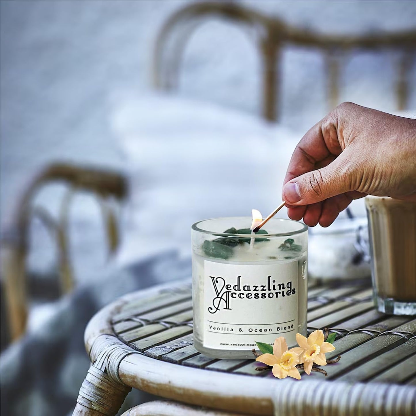 Vedazzling Vanilla Ocean Blend Candle with Gemstones, 8 oz, Dual Wick, 50 Hour Burn Time, Handpoured in NYC, Paraffin-Free, Eco-Friendly