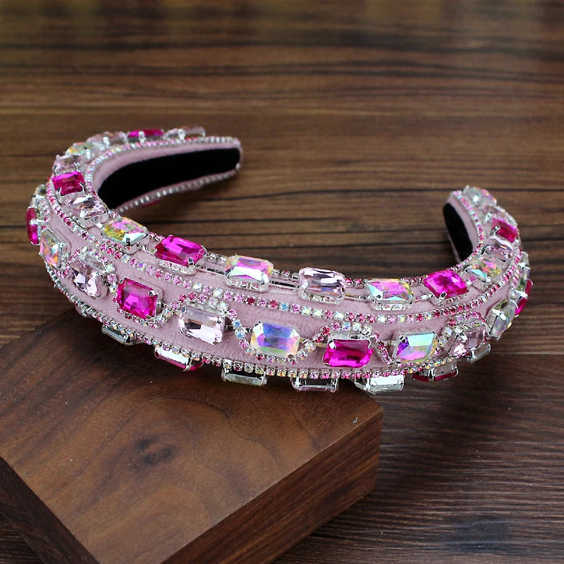 Gorgeous Pink Crystal Princess Padded Headbands Rhinestone Baroque Handmade Hairbands For Women Hair Jewelry Girls Wedding