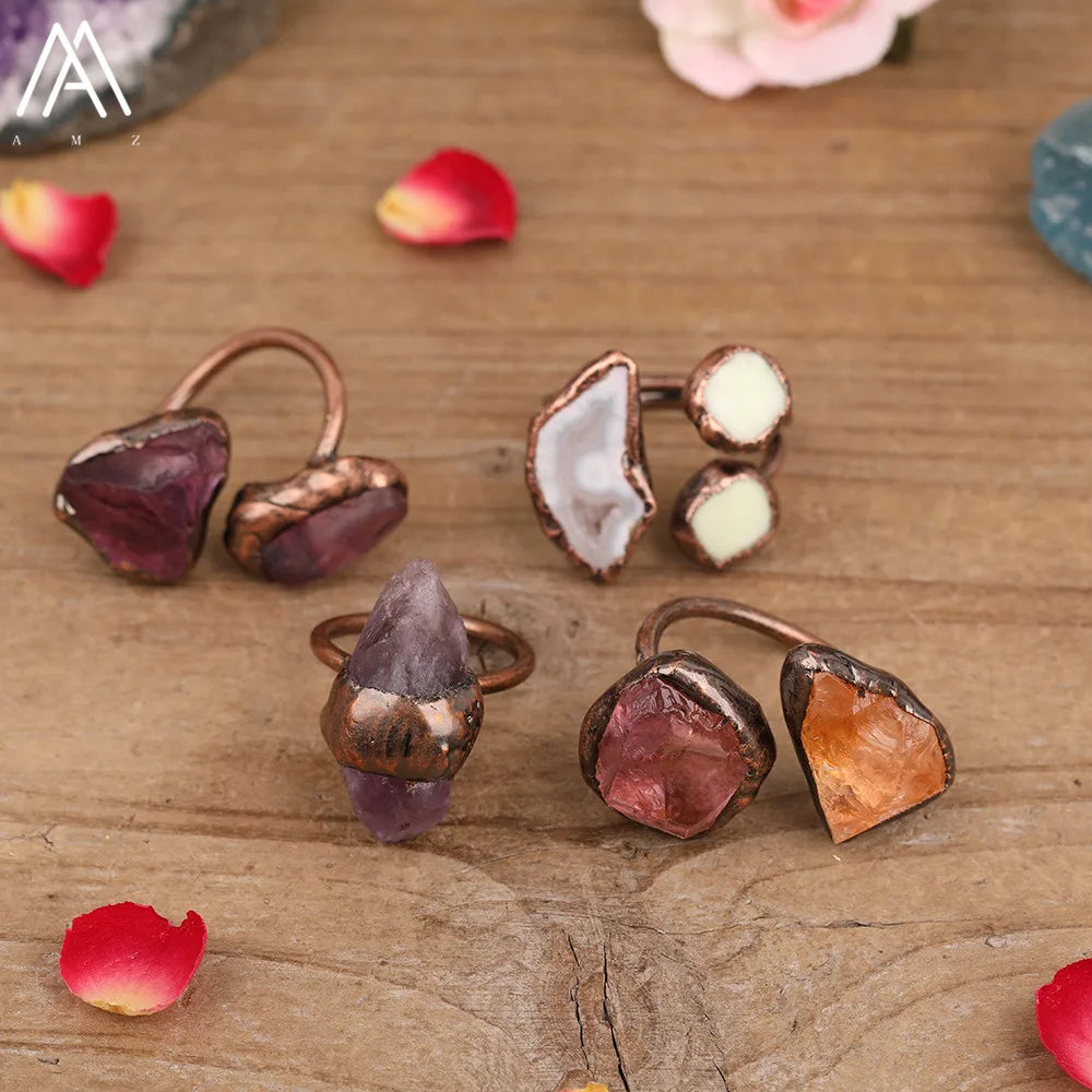 Natural Citrines Amethysts Quartz Beads Bronze Finger Rings For Women Gemstones Double Beads Open Adjustable Rings Dropship