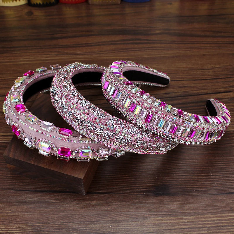 Gorgeous Pink Crystal Princess Padded Headbands Rhinestone Baroque Handmade Hairbands For Women Hair Jewelry Girls Wedding
