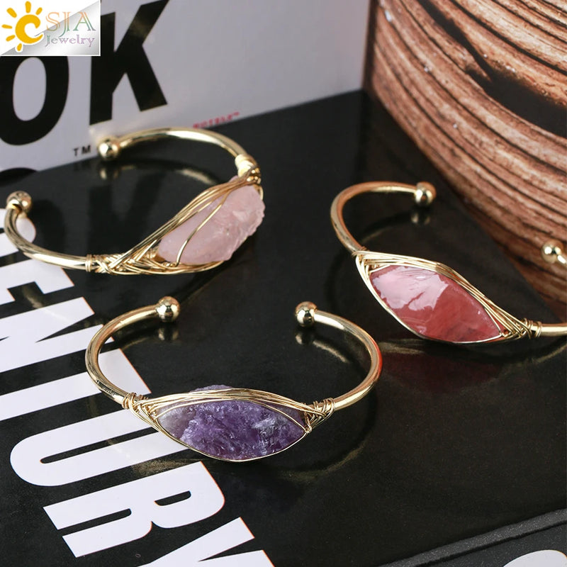 Gem Stone Open Cuffs Crystals Natural Stone Bracelet