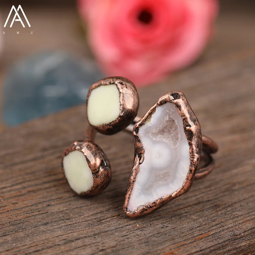 Natural Citrines Amethysts Quartz Beads Bronze Finger Rings For Women Gemstones Double Beads Open Adjustable Rings Dropship