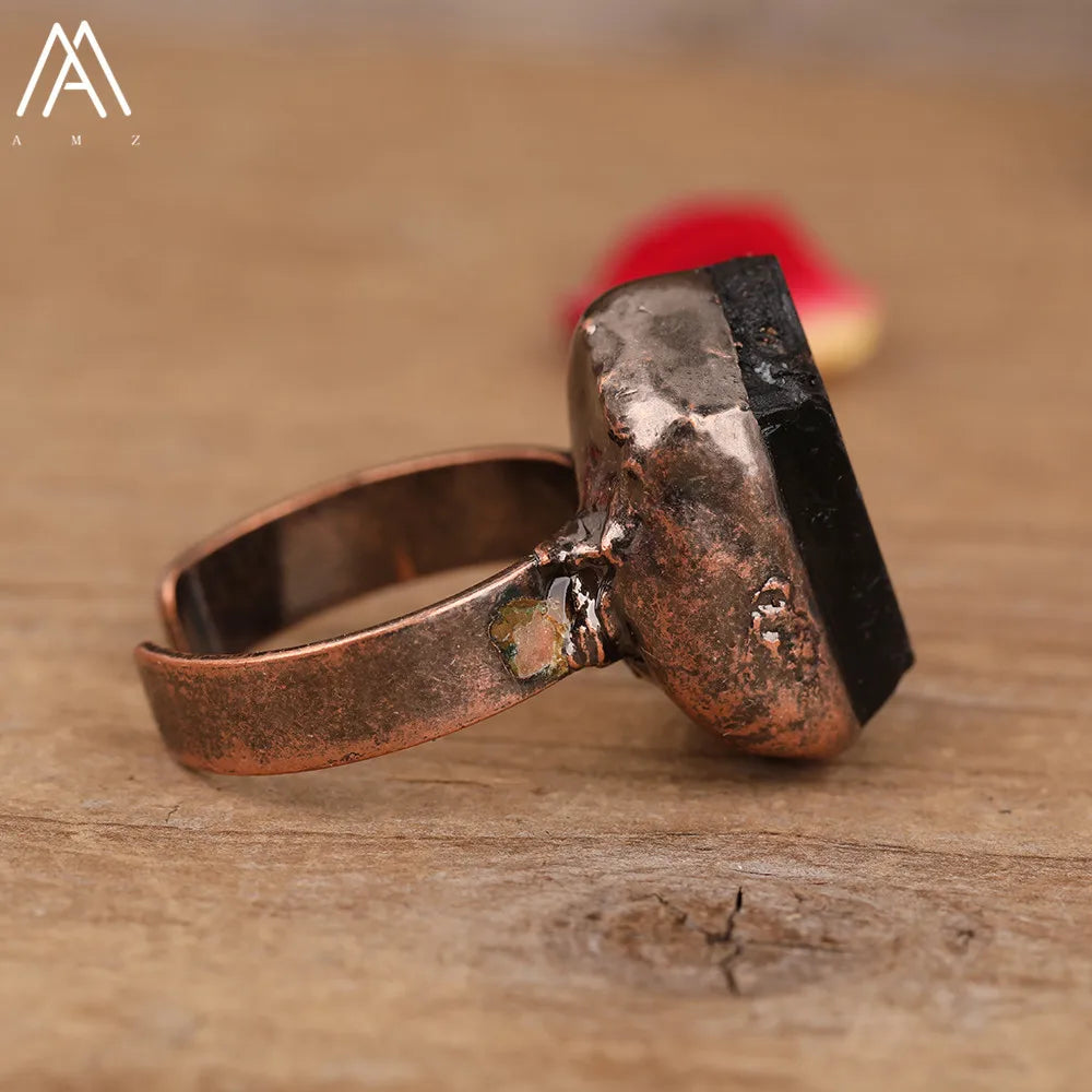 Natural Citrines Amethysts Quartz Beads Bronze Finger Rings For Women Gemstones Double Beads Open Adjustable Rings Dropship