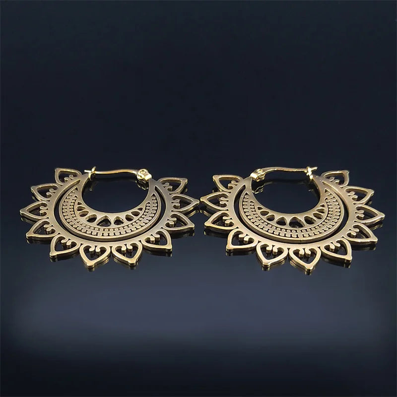 India Gypsy Tribal Ethnic Mandala Stainless Steel Earrings Women Gold Color Lotus Flower Hoop Earrings Jewelry aretes E9354S01