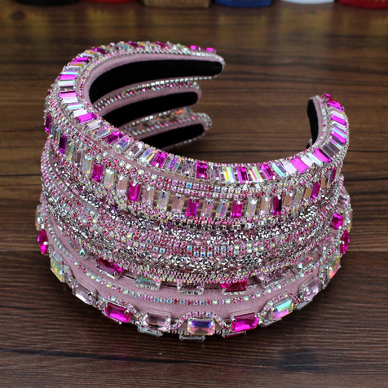 Gorgeous Pink Crystal Princess Padded Headbands Rhinestone Baroque Handmade Hairbands For Women Hair Jewelry Girls Wedding