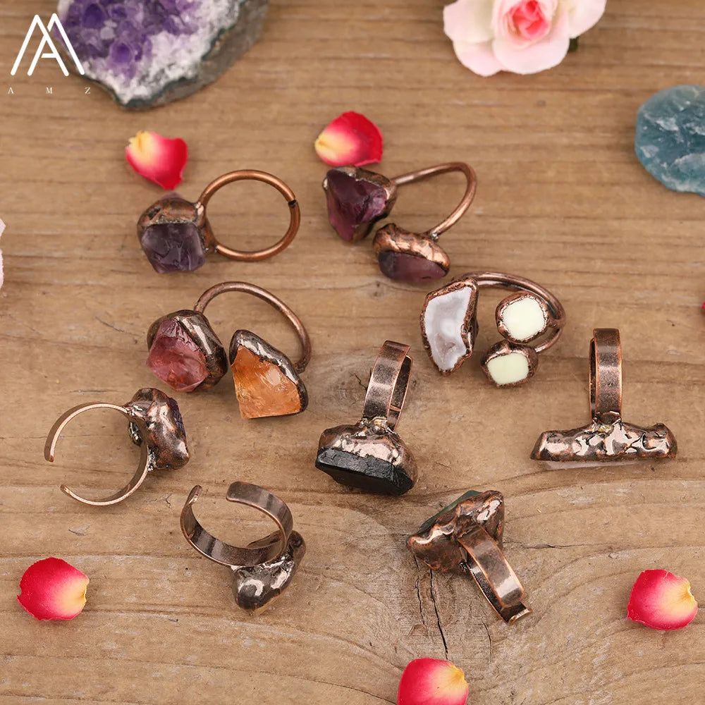 Natural Citrines Amethysts Quartz Beads Bronze Finger Rings For Women Gemstones Double Beads Open Adjustable Rings Dropship