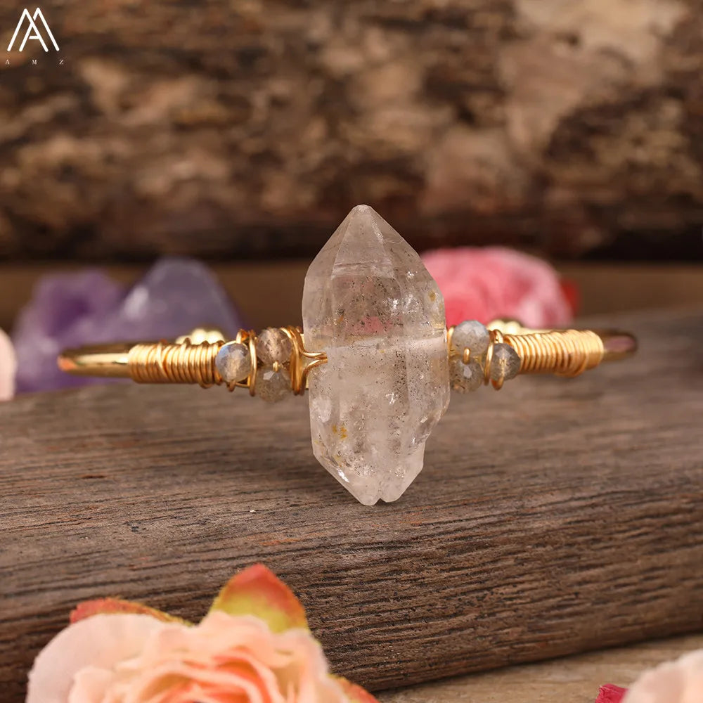Natural Herkimer Diamonds Quartz Stick Point Cuff Bangle Bracelet