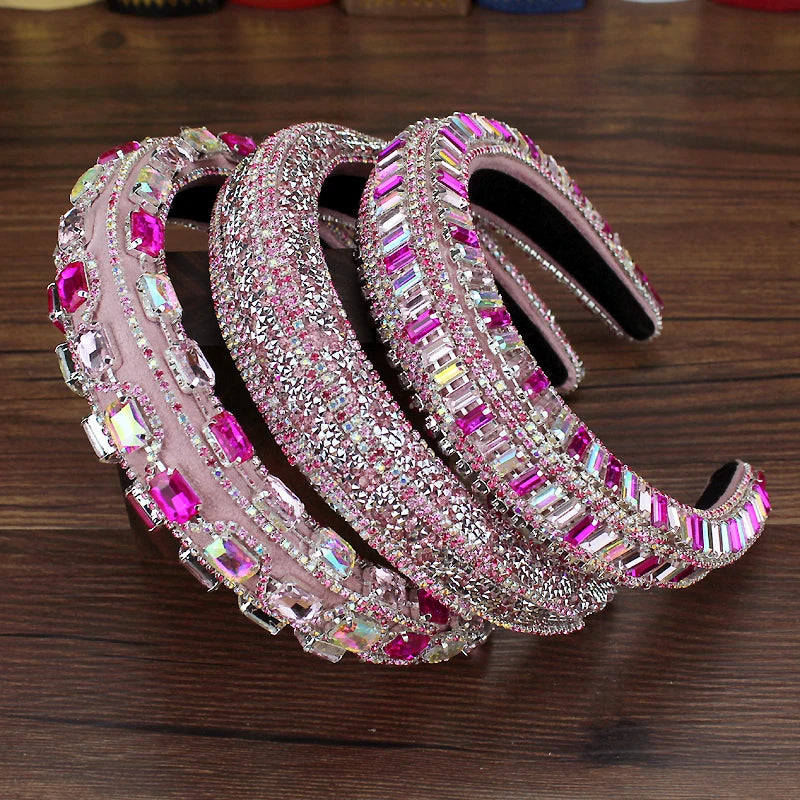 Gorgeous Pink Crystal Princess Padded Headbands Rhinestone Baroque Handmade Hairbands For Women Hair Jewelry Girls Wedding