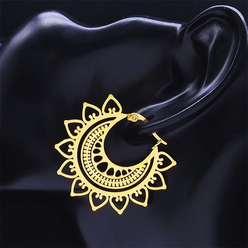 India Gypsy Tribal Ethnic Mandala Stainless Steel Earrings Women Gold Color Lotus Flower Hoop Earrings Jewelry aretes E9354S01