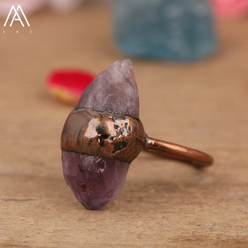 Natural Citrines Amethysts Quartz Beads Bronze Finger Rings For Women Gemstones Double Beads Open Adjustable Rings Dropship