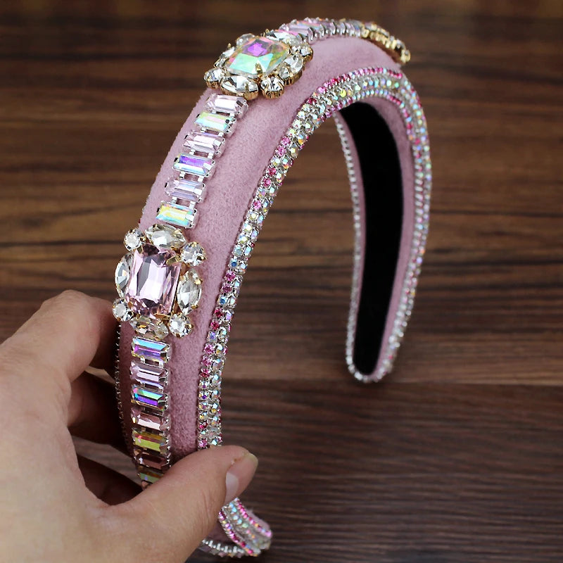 Gorgeous Pink Crystal Princess Padded Headbands Rhinestone Baroque Handmade Hairbands For Women Hair Jewelry Girls Wedding