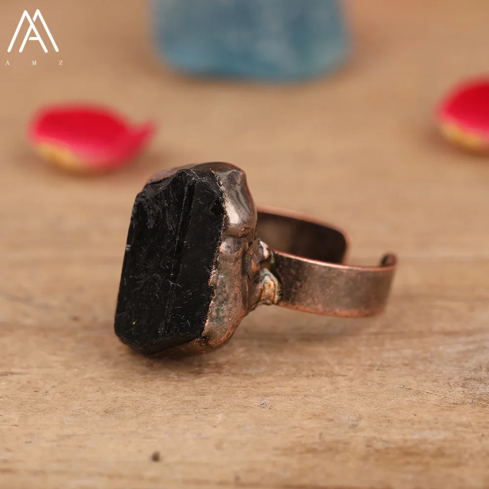 Natural Citrines Amethysts Quartz Beads Bronze Finger Rings For Women Gemstones Double Beads Open Adjustable Rings Dropship