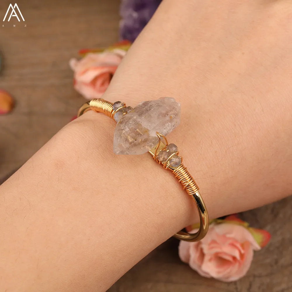 Natural Herkimer Diamonds Quartz Stick Point Cuff Bangle Bracelet