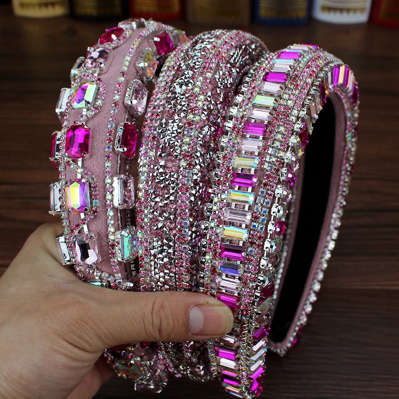 Gorgeous Pink Crystal Princess Padded Headbands Rhinestone Baroque Handmade Hairbands For Women Hair Jewelry Girls Wedding