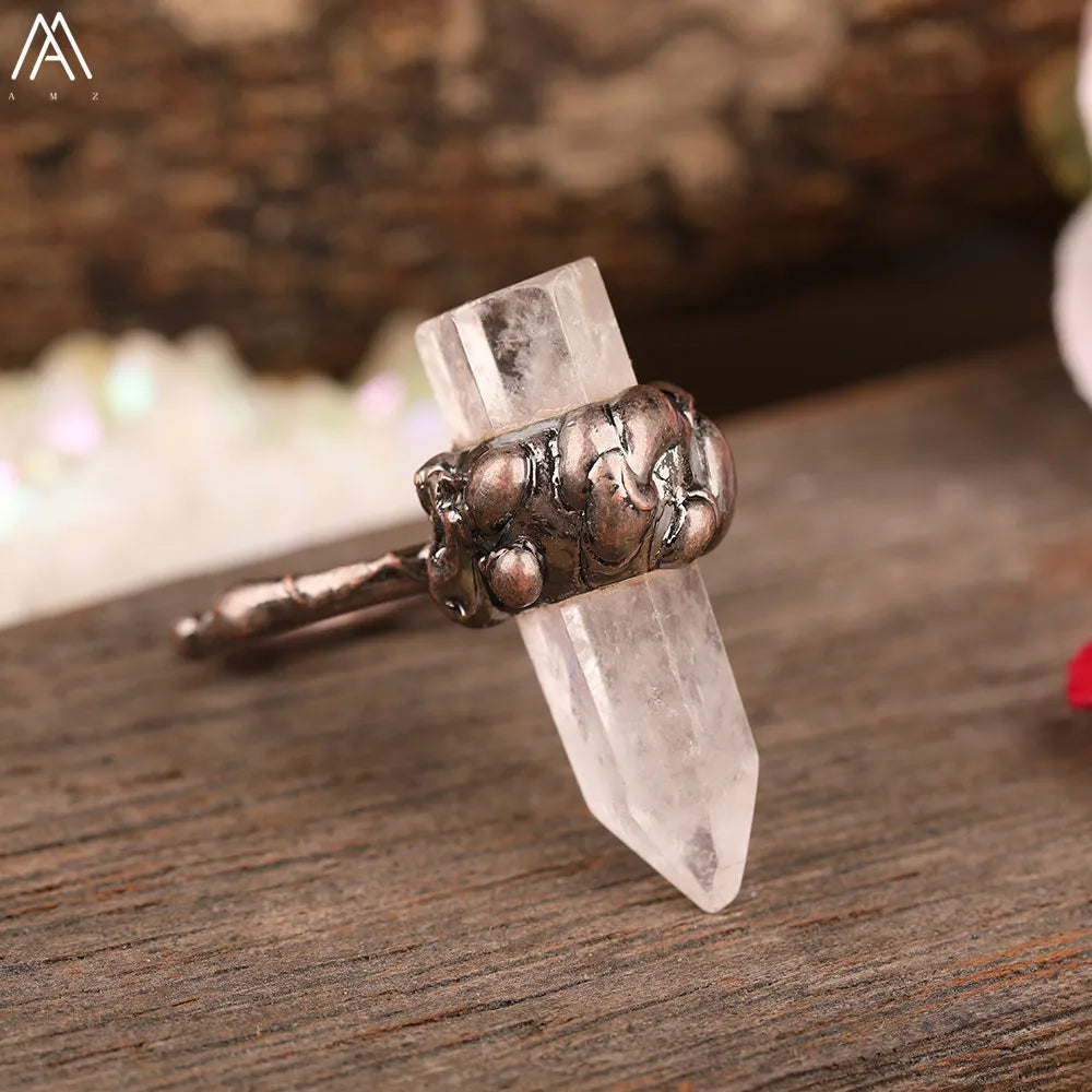 Natural Citrines Amethysts Quartz Beads Bronze Finger Rings For Women Gemstones Double Beads Open Adjustable Rings Dropship