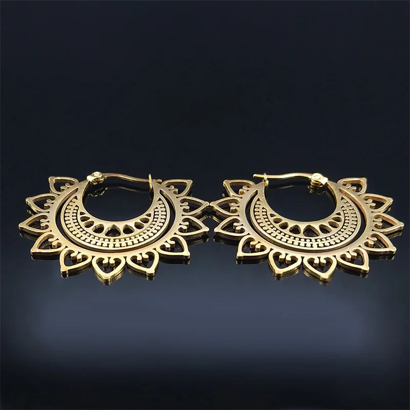 India Gypsy Tribal Ethnic Mandala Stainless Steel Earrings Women Gold Color Lotus Flower Hoop Earrings Jewelry aretes E9354S01