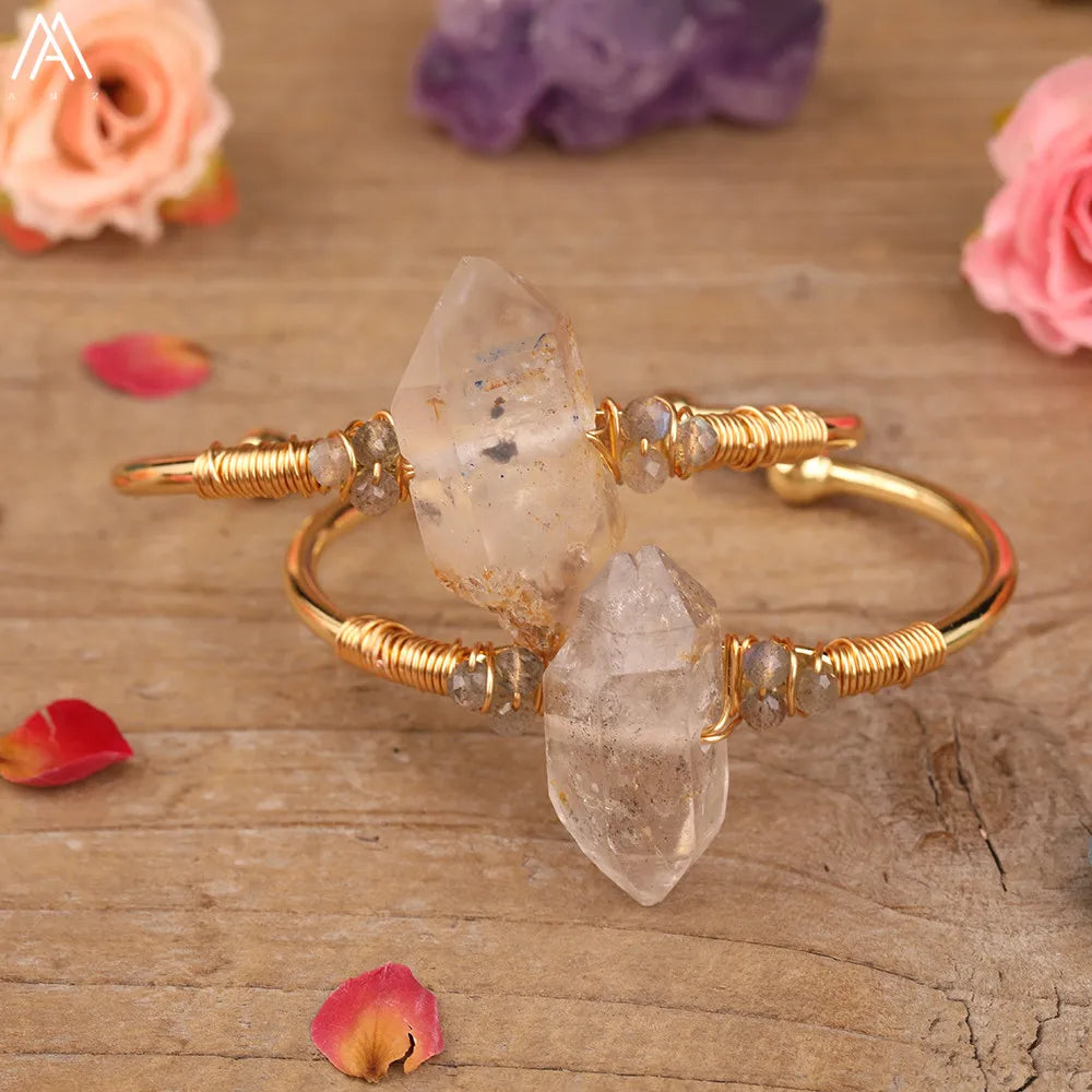Natural Herkimer Diamonds Quartz Stick Point Cuff Bangle Bracelet