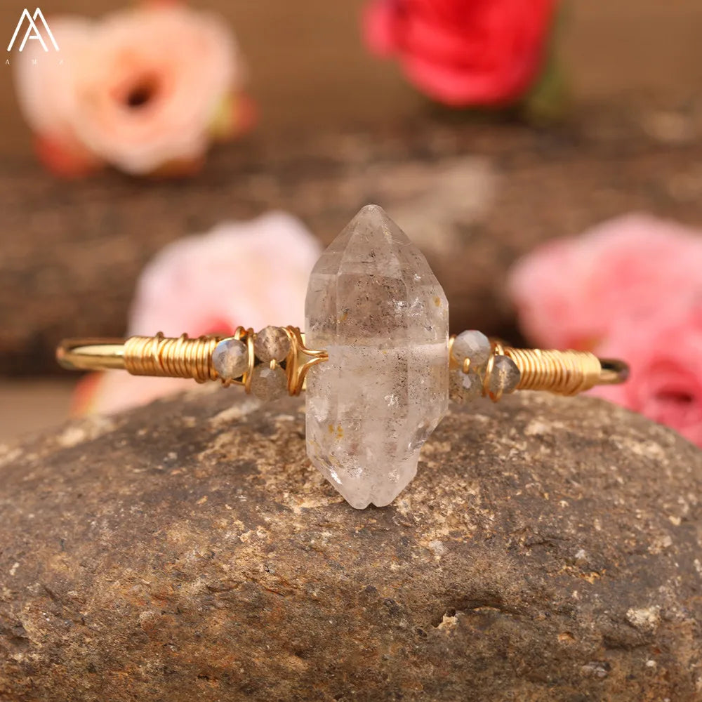 Natural Herkimer Diamonds Quartz Stick Point Cuff Bangle Bracelet