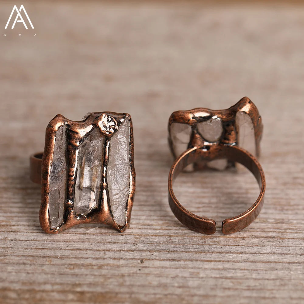 Natural Citrines Amethysts Quartz Beads Bronze Finger Rings For Women Gemstones Double Beads Open Adjustable Rings Dropship