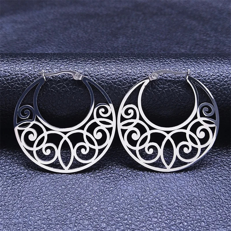 India Gypsy Tribal Ethnic Mandala Stainless Steel Earrings Women Gold Color Lotus Flower Hoop Earrings Jewelry aretes E9354S01