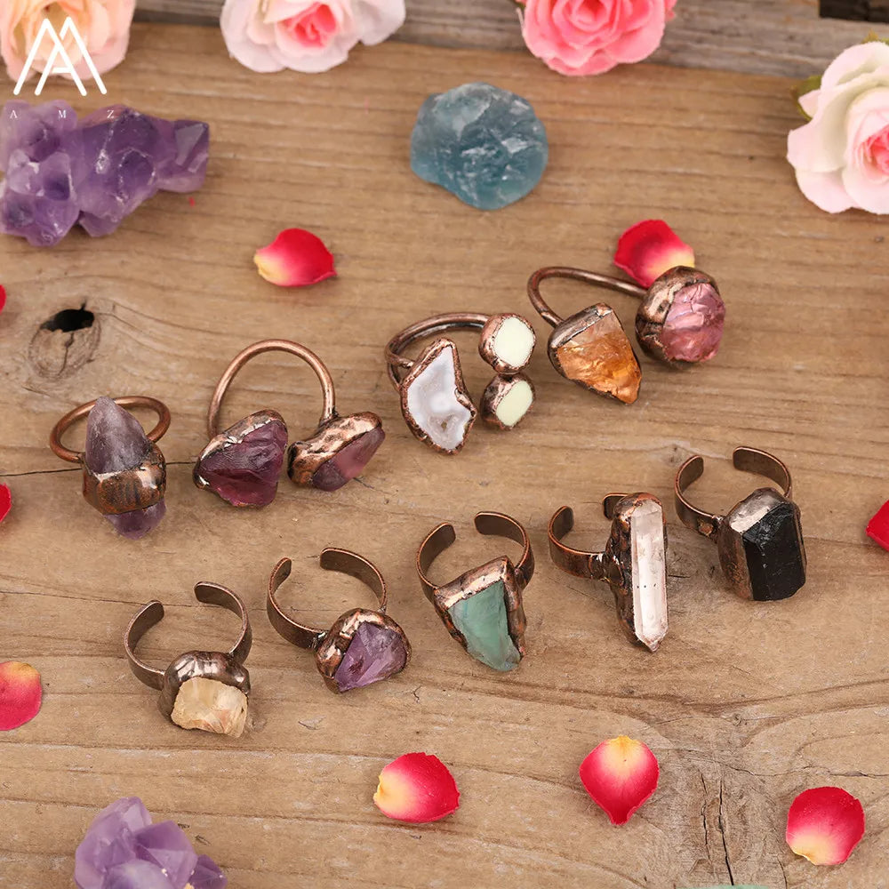 Natural Citrines Amethysts Quartz Beads Bronze Finger Rings For Women Gemstones Double Beads Open Adjustable Rings Dropship