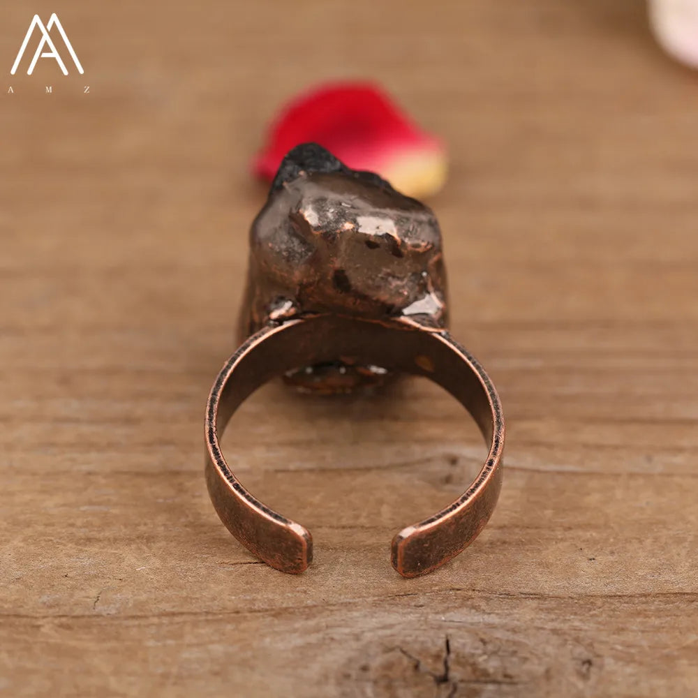 Natural Citrines Amethysts Quartz Beads Bronze Finger Rings For Women Gemstones Double Beads Open Adjustable Rings Dropship