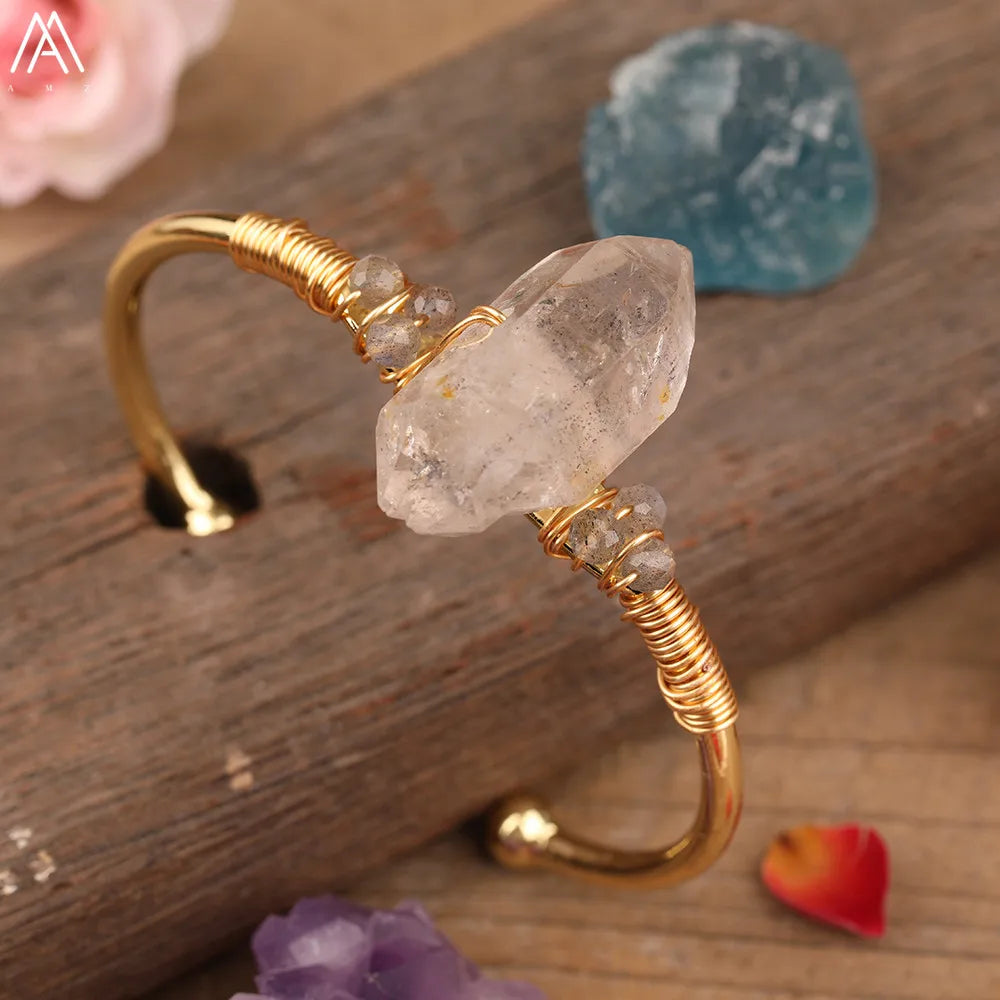 Natural Herkimer Diamonds Quartz Stick Point Cuff Bangle Bracelet