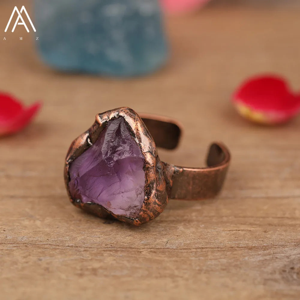 Natural Citrines Amethysts Quartz Beads Bronze Finger Rings For Women Gemstones Double Beads Open Adjustable Rings Dropship