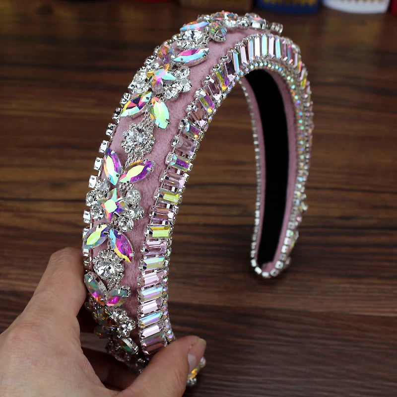 Gorgeous Pink Crystal Princess Padded Headbands Rhinestone Baroque Handmade Hairbands For Women Hair Jewelry Girls Wedding