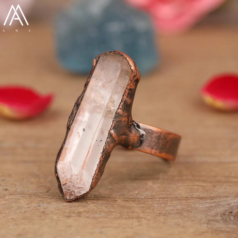 Natural Citrines Amethysts Quartz Beads Bronze Finger Rings For Women Gemstones Double Beads Open Adjustable Rings Dropship