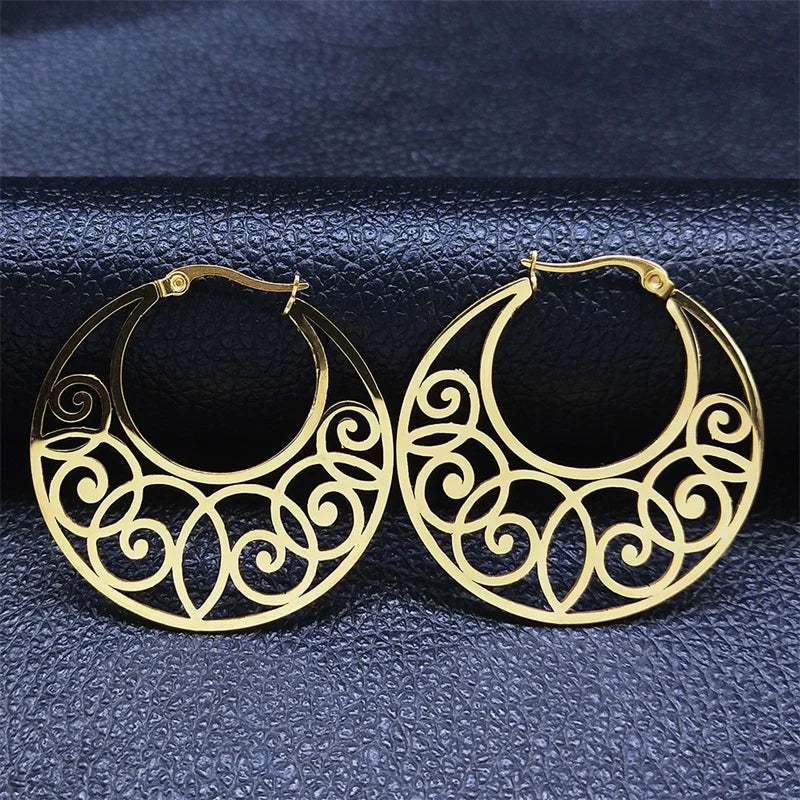 India Gypsy Tribal Ethnic Mandala Stainless Steel Earrings Women Gold Color Lotus Flower Hoop Earrings Jewelry aretes E9354S01