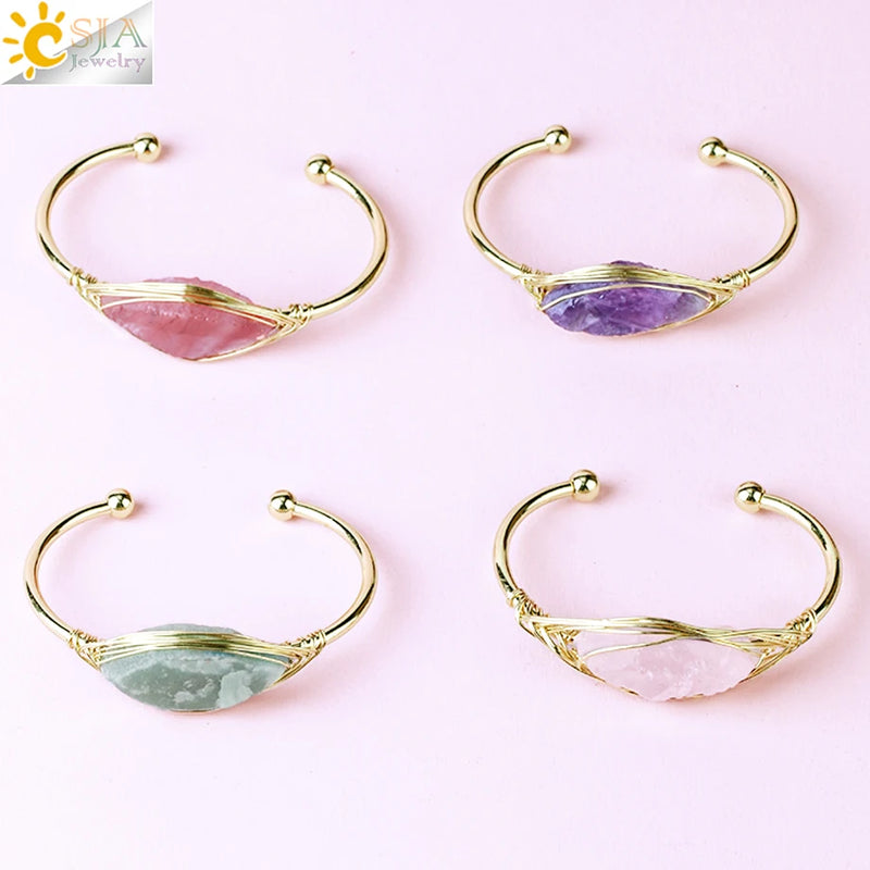 Gem Stone Open Cuffs Crystals Natural Stone Bracelet