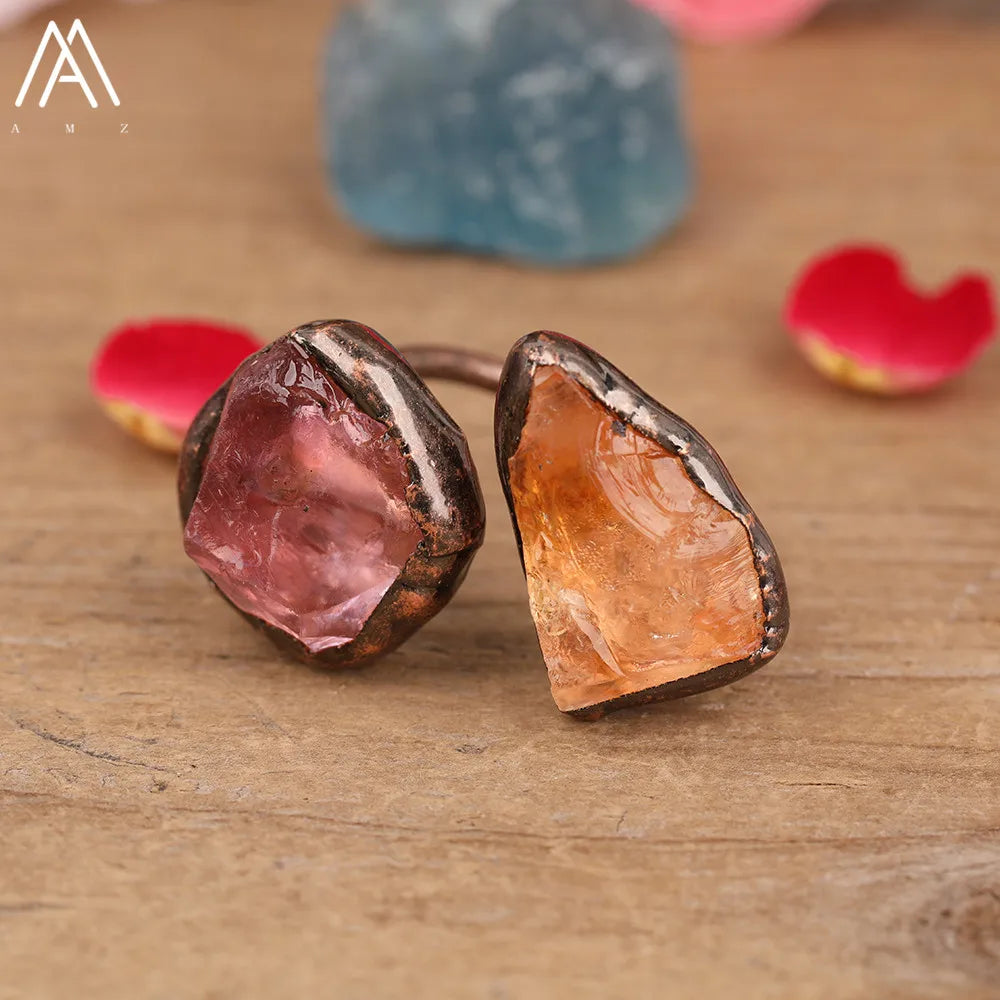 Natural Citrines Amethysts Quartz Beads Bronze Finger Rings For Women Gemstones Double Beads Open Adjustable Rings Dropship