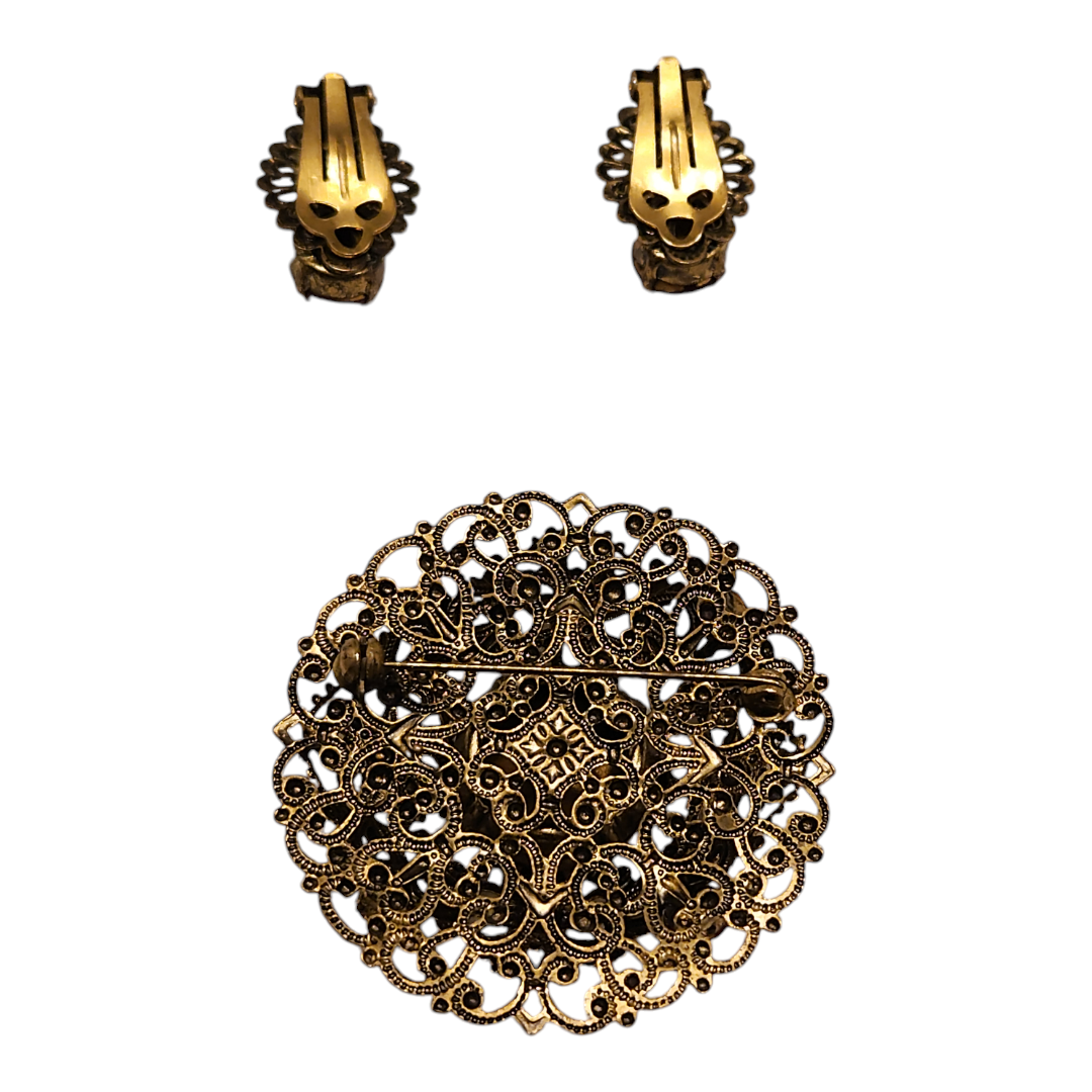 Vintage Vedazzling Ruby Red Earrings & Brooch Set