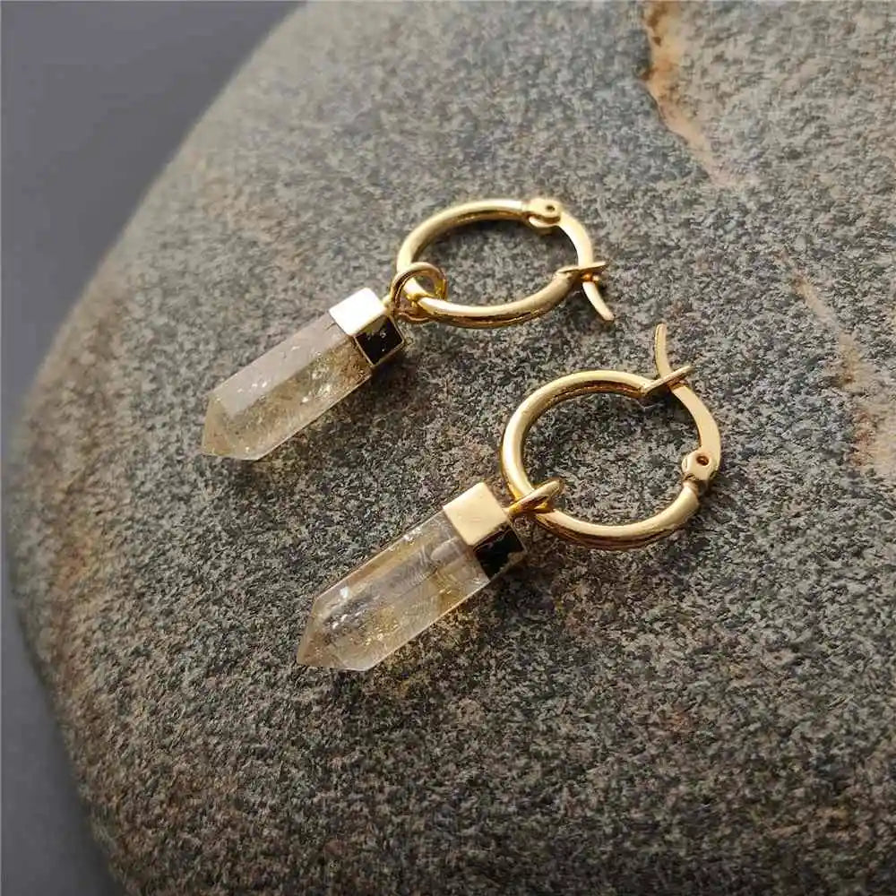 FUWO 1Pairs Natural Citrines Point Earrings,Golden Plated Handmade Faceted Yellow Crystal Jewelry For Women ER130