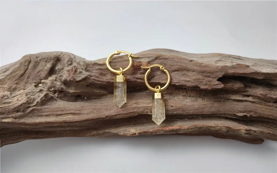 FUWO 1Pairs Natural Citrines Point Earrings,Golden Plated Handmade Faceted Yellow Crystal Jewelry For Women ER130